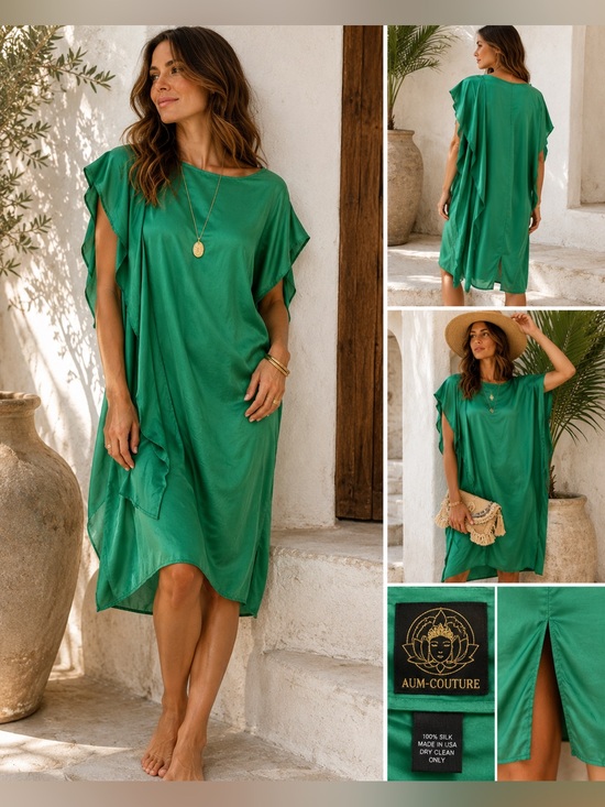 AUM-COUTURE Dresses & Skirts - AUM Couture 100% Silk Emerald Green Draped Caftan Tunic Dress OS Made USA